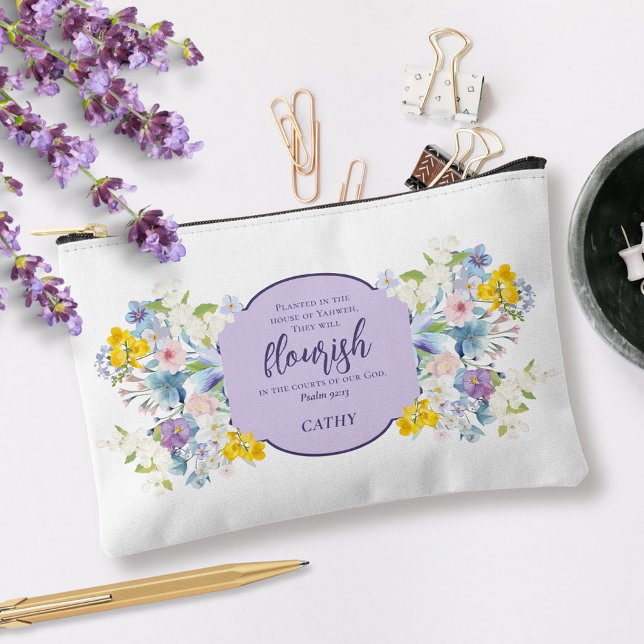 Watercolor Flowers Scripture Verse Personalized Accessory Pouch (Creator Uploaded)