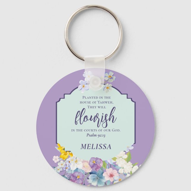 Watercolor Flowers Scripture Verse Personalized Keychain (Front)