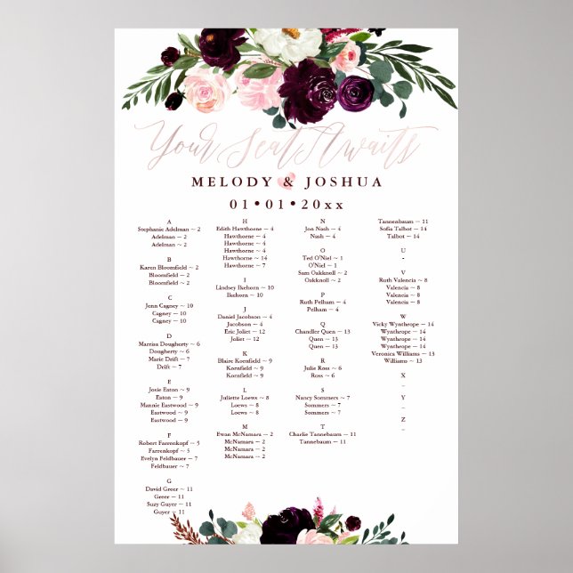 WATERCOLOR FLOWERS SEATING CHART, ALPHABETICAL POSTER (Front)