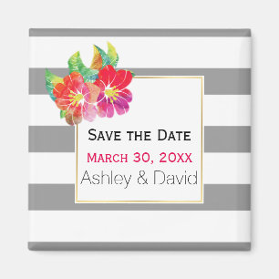 Watercolor flowers, stripes wedding Save the Date Magnet