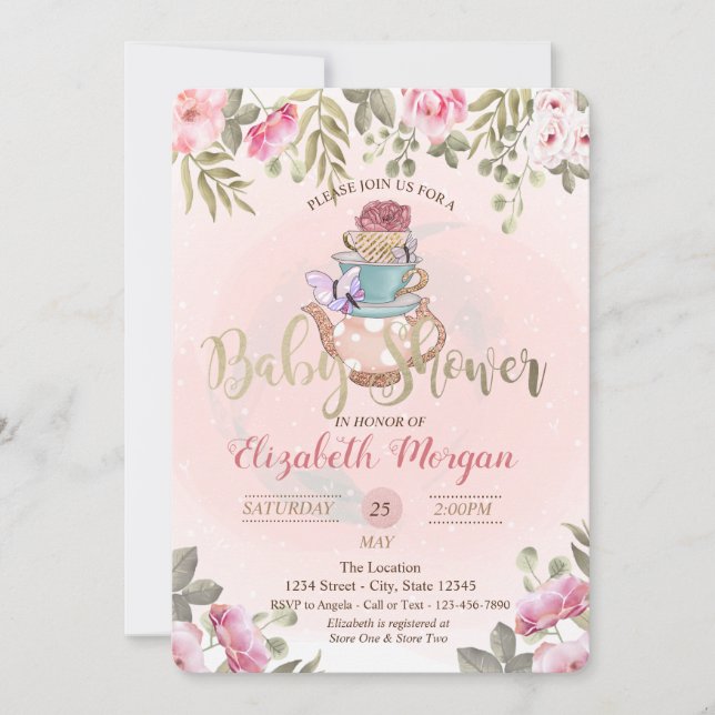 Watercolor Flowers Teapot  Baby Shower  Invitation (Front)