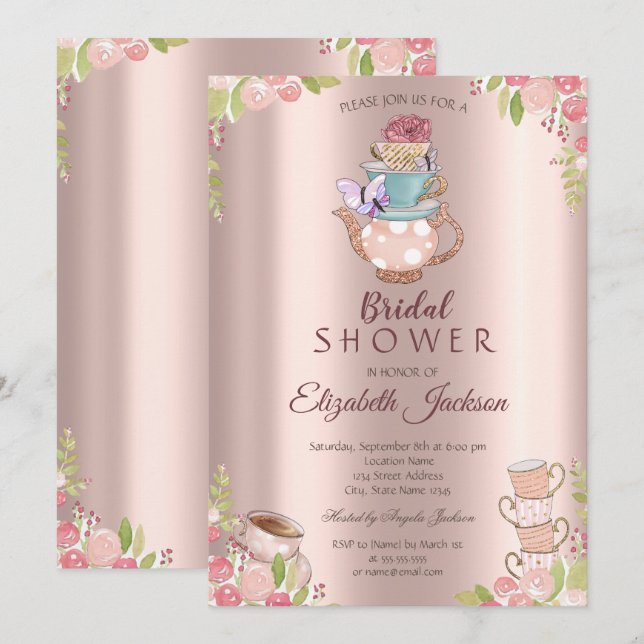 Watercolor Flowers Teapot Rose Gold Bridal Shower  Invitation (Front/Back)