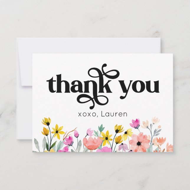 Watercolor Flowers Typography Flat Thank You Card (Front)