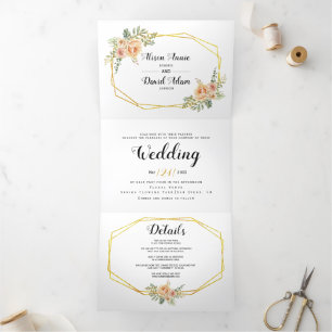 Watercolor flowers, typography floral wedding Tri-Fold invitation