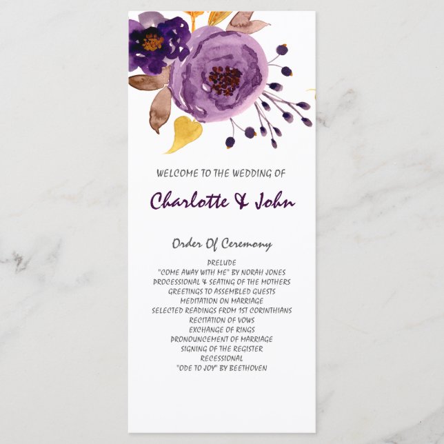 Watercolor Flowers Ultraviolet Wedding Program (Front)