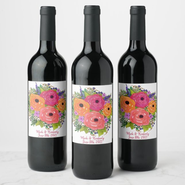 Watercolor Flowers | Wedding Personalized Wine Label (Bottles)