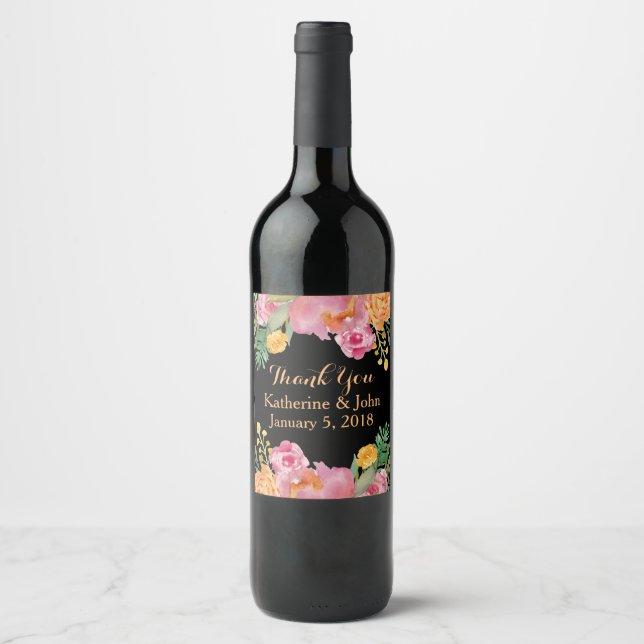 Watercolor Flowers Wedding Wine Label (Front)