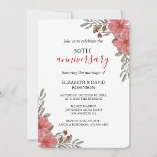 watercolor flowers white 50th anniversary wedding invitation