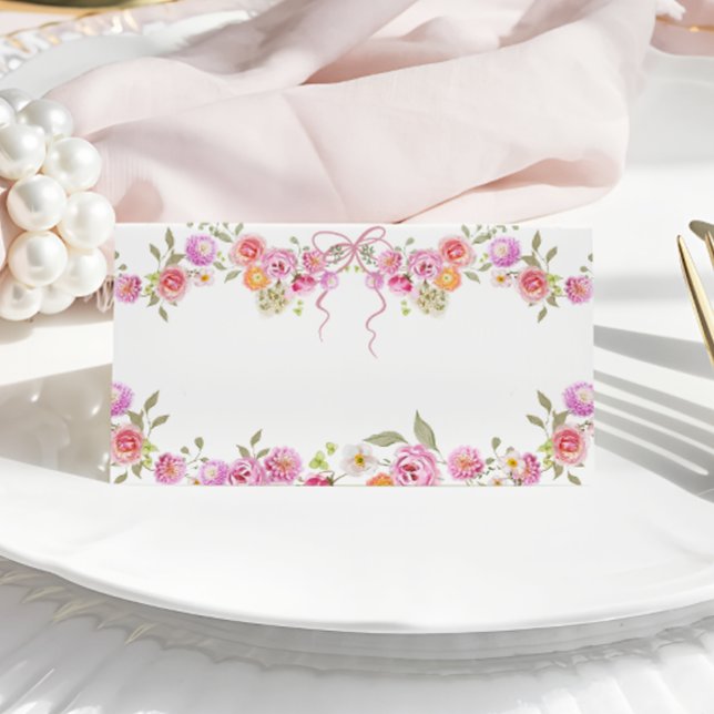 Watercolor Flowers Wildflower Pink Bow Place Card (Creator Uploaded)