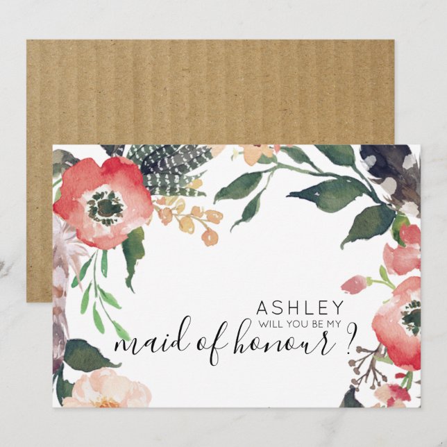Watercolor Flowers Will You Be My Bridesmaid Name Invitation (Front/Back)