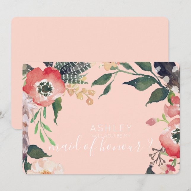 Watercolor Flowers Will You Be My Bridesmaid Name Invitation (Front/Back)