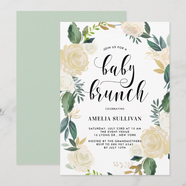 Watercolor Flowers with Glitter Baby Shower Brunch Invitation (Front/Back)
