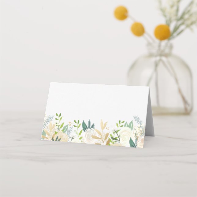 Watercolor Flowers with Gold Foil Greenery Wedding Place Card (Front)