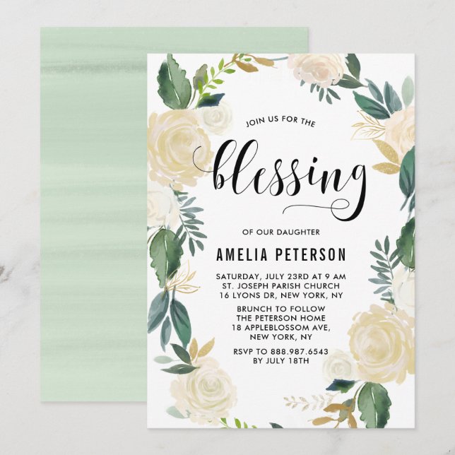 Watercolor Flowers with Gold Glitter Baby Blessing Invitation (Front/Back)