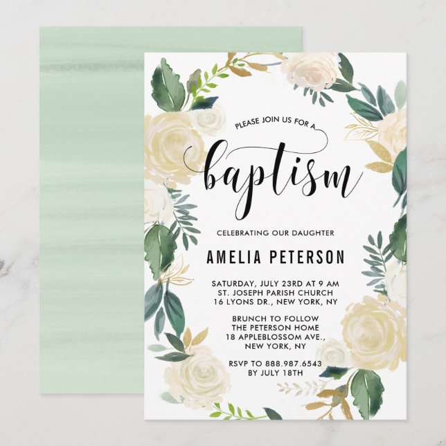 Watercolor Flowers with Gold Glitter Baptism Invitation (Front/Back)