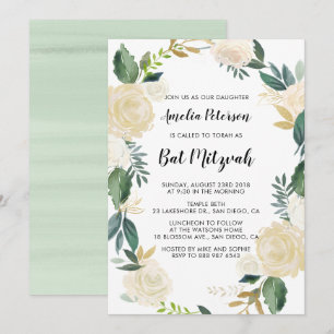 Watercolor Flowers with Gold Glitter Bat Mitzvah Invitation