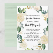 Watercolor Flowers with Gold Glitter Bat Mitzvah Invitation