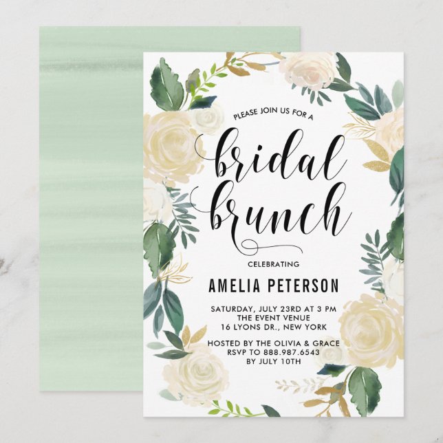 Watercolor Flowers with Gold Glitter Bridal Brunch Invitation (Front/Back)