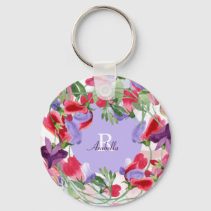 Watercolor Flowers with Monogram Keychain