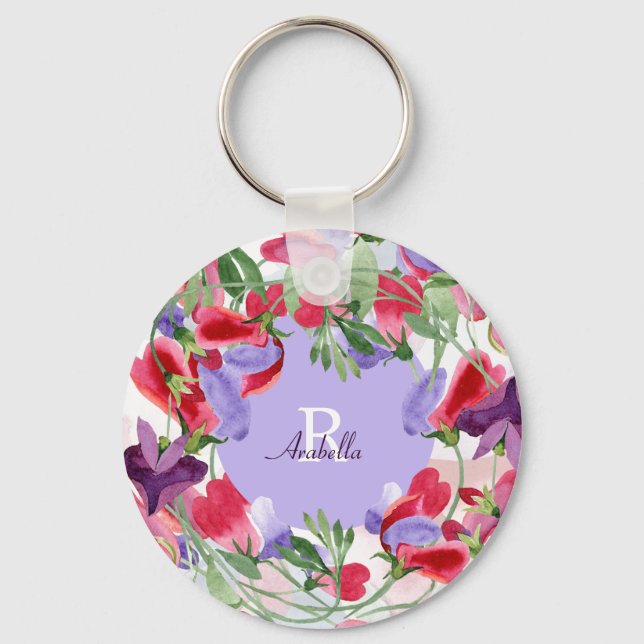 Watercolor Flowers with Monogram Keychain (Front)