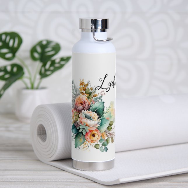 Watercolor Flowers with Name Water Bottle (Yoga)