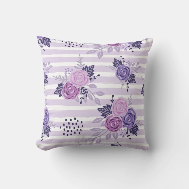 Watercolor flowers with stripes throw pillow (Front)
