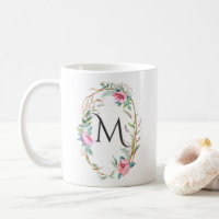Watercolor Flowers with Twigs Wreath Monogram Mug