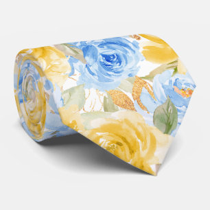 Watercolor Flowers Yellow Blue Roses Tie