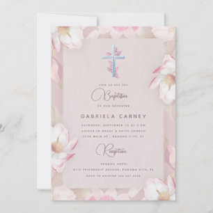 Watercolor Flowery Rose Girl Baptism Silver Cross  Invitation