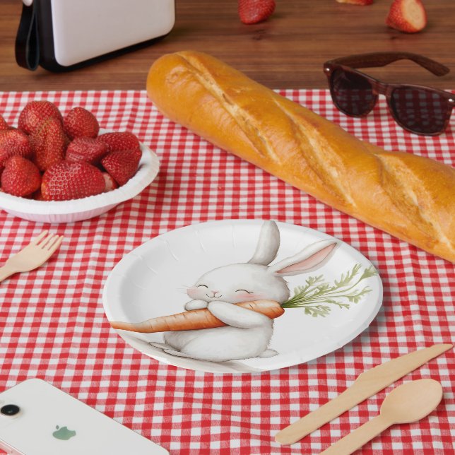 Watercolor Fluffy Bunny Carrot Love  Paper Plate (Picnic)