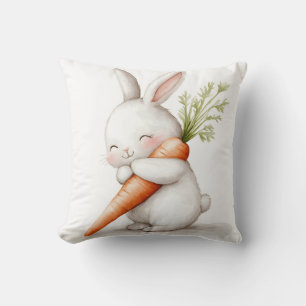 Watercolor Fluffy Bunny Carrot Love  Throw Pillow