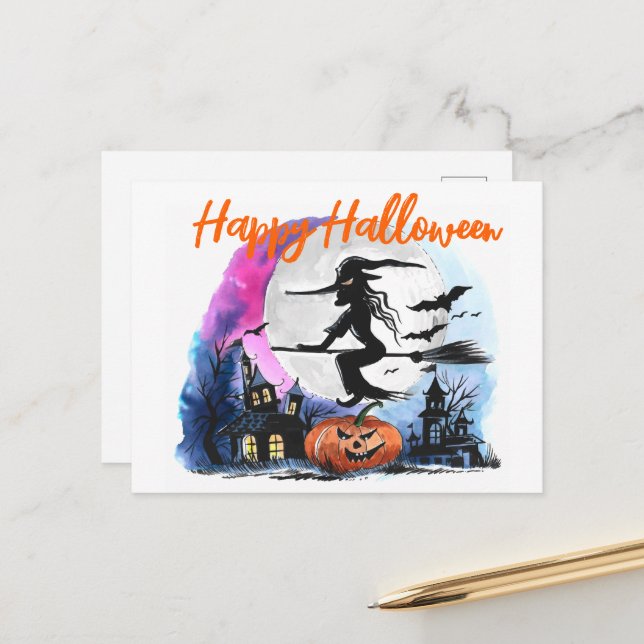 Watercolor Flying Witch Postcard (Front/Back In Situ)