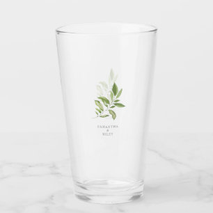 Watercolor FoIiage  Sage Custom Names Wedding Glass