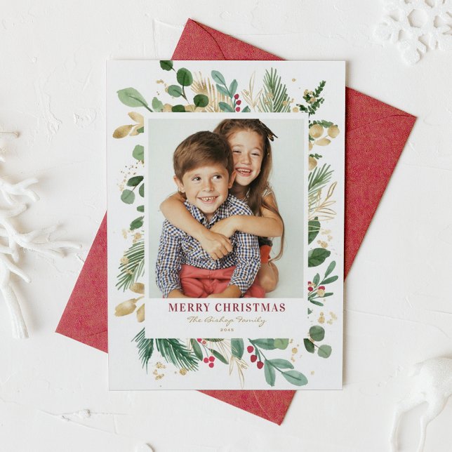 Watercolor & Foil Winter Greenery Photo Christmas Holiday Card (Watercolor and Faux Gold Foil Winter Greenery Photo Merry Christmas Card)