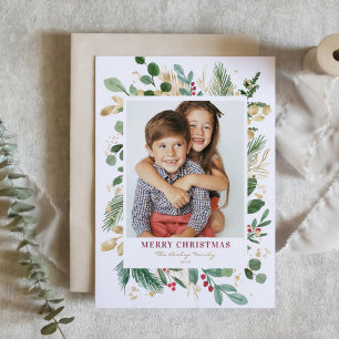 Watercolor & Foil Winter Greenery Photo Christmas Holiday Card