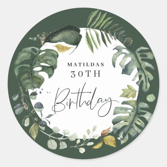 Watercolor foliage 30th birthday party favour classic round sticker (Front)
