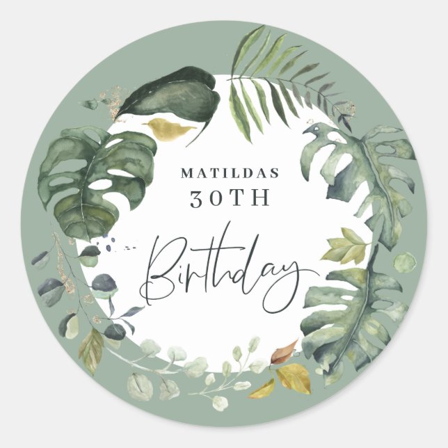 Watercolor foliage 30th birthday party favour classic round sticker (Front)