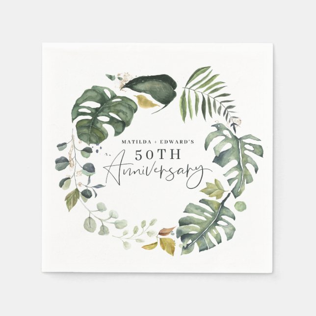 Watercolor foliage 50th wedding anniversary party napkin (Front)