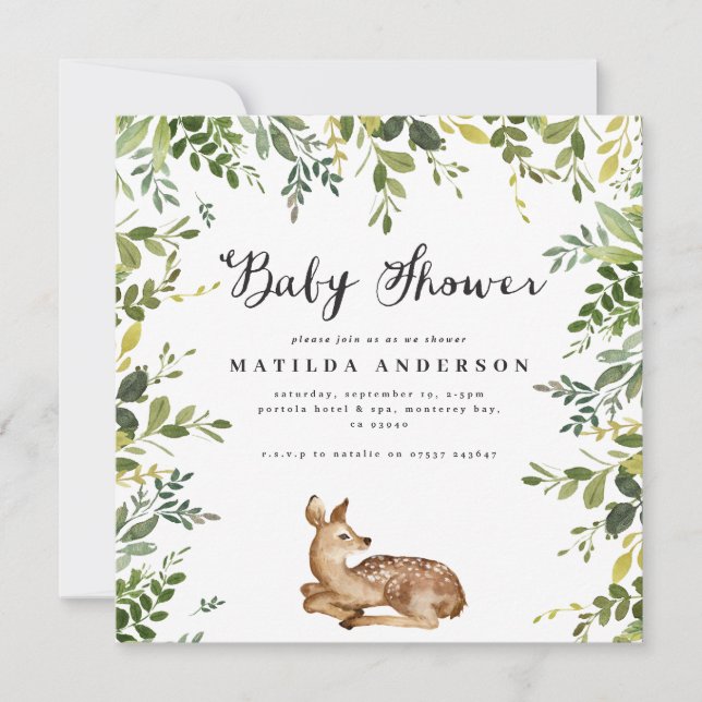 Watercolor foliage and deer woodland baby shower announcement (Front)