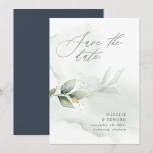 Watercolor foliage and metallic gold wedding save the date
