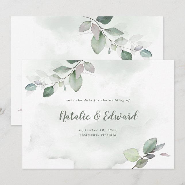 Watercolor foliage and metallic gold wedding save the date (Front/Back)