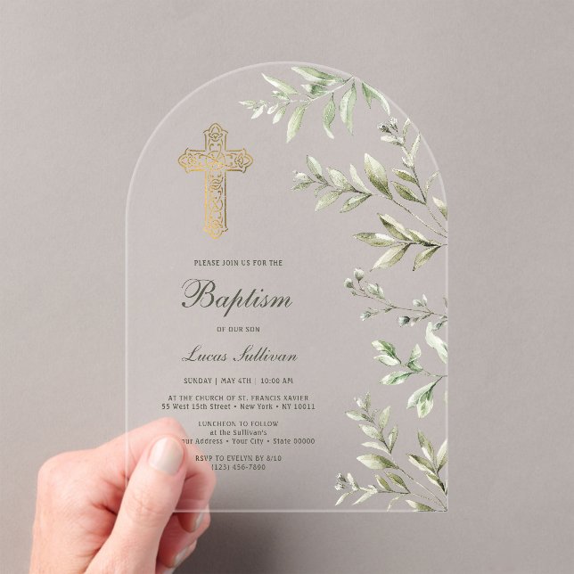 Watercolor Foliage Arch Baptism Acrylic Invitations (Insitu (Handheld))