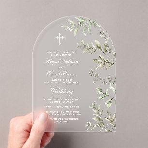 Watercolor Foliage Arch Religious Wedding Acrylic Invitations