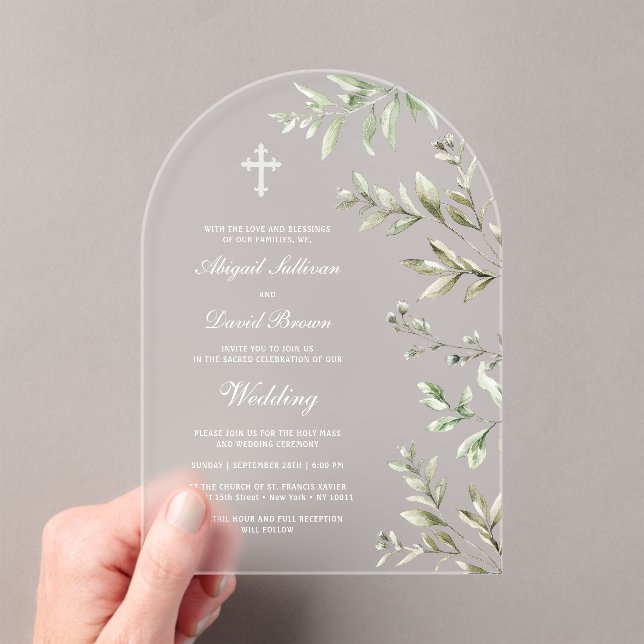 Watercolor Foliage Arch Religious Wedding Acrylic Invitations (Insitu (Handheld))