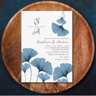 Watercolor Foliage Blue & White Gingko Wedding Invitation