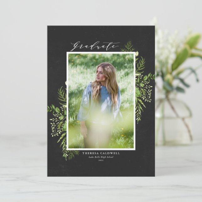 Watercolor Foliage Chalkboard Photo Graduation Announcement (Standing Front)