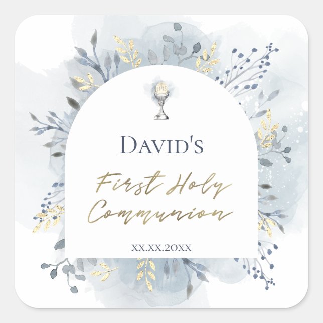 watercolor foliage First Communion Square Sticker (Front)