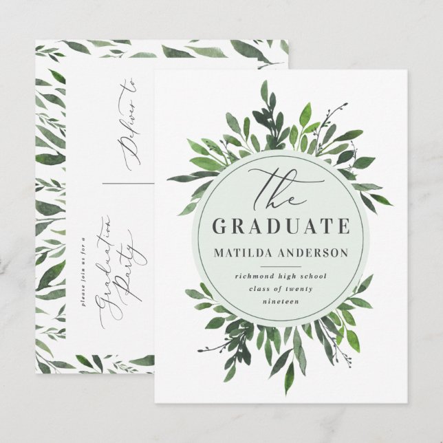 watercolor foliage graduation announcement/invite announcement postcard (Front/Back)