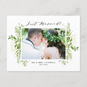Watercolor Foliage Greenery Photo Just Married Announcement Postcard