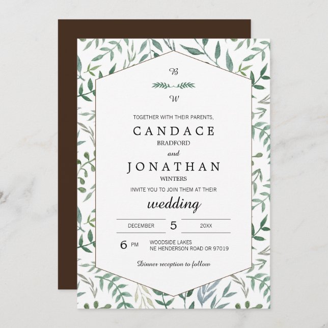 Watercolor Foliage Greenery Wedding Invitation (Front/Back)